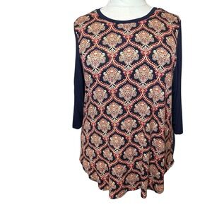 Karen Kane‎ Plus 3X Bohemian LS Shirt Navy Floral Handkerchief Boho Festival